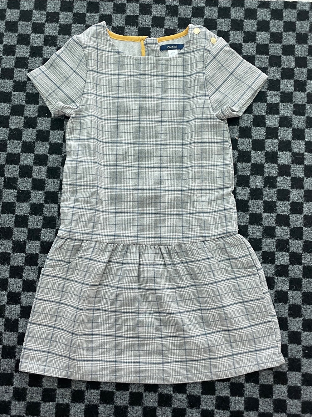 Okaïdi Girl's Empire Waist, Short Sleeve Gray Plaid Dress - Size 6